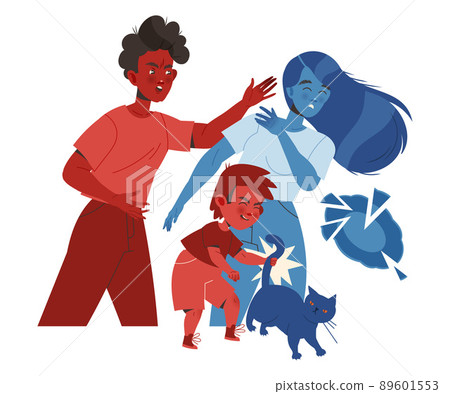 Man Aggressor Beating Woman Victim with Hand and Kid Pulling Cat Tail Vector Illustration 89601553