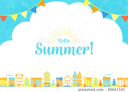 夏季城市景觀和花環矢量插圖背景（橫幅、海報、城市景觀、藍天、天空） 89601591