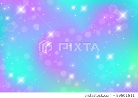 Rainbow fantasy background. Holographic unicorn illustration. Multicolored sky with stars and bokeh. Vector Rainbow fantasy background. Holographic unicorn illustration. Multicolored sky with stars and bokeh. Vector 89601611
