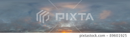 Dramatic sunset sky panorama with Cumulus clouds. Seamless hdr 360 pano in spherical equirectangular format. Complete zenith for 3D visualization, game and sky replacement for aerial drone panoramas 89601925
