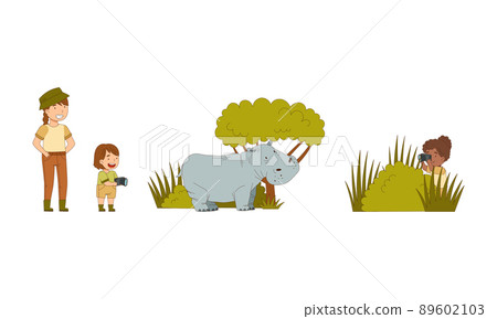 Little Girl with Mother Traveler Visiting Tropical National Park Sitting in Bush Watching Giraffe Vector Illustration Set 89602103