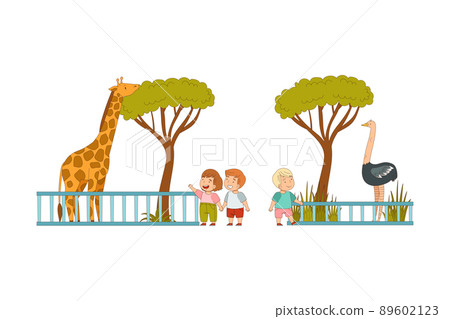 Happy Little Boy and Girl Looking at Ostrich and Giraffe Behind Enclosure at Zoo Vector Illustration Set 89602123
