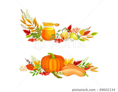 Bright Autumn Foliage with Pumpkin and Honey in Jar Vector Composition Set Bright Autumn Foliage with Pumpkin and Honey in Jar Vector Composition Set 89602134