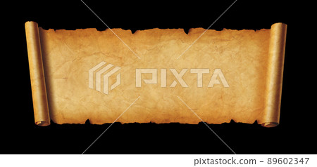 Old paper horizontal banner. Parchment scroll isolated on black 89602347