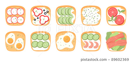 Set of sandwiches with vegetables. Toast with eggs, tomatoes, shrimp, fish, cucumbers, avocado. Vector illustration. Healthy breakfasts. 89602369