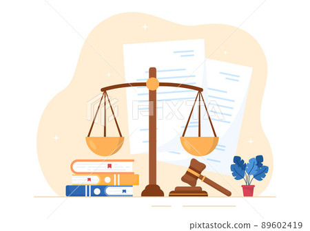Court there is Justice, Decision and Law with Laws, Scales, Buildings, Wooden Judge Hammer in Flat Cartoon Design Illustration 89602419
