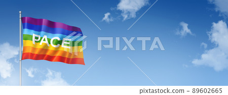 Rainbow peace / pace flag isolated on a blue sky. Horizontal banner Rainbow peace / pace flag isolated on a blue sky. Horizontal banner 89602665