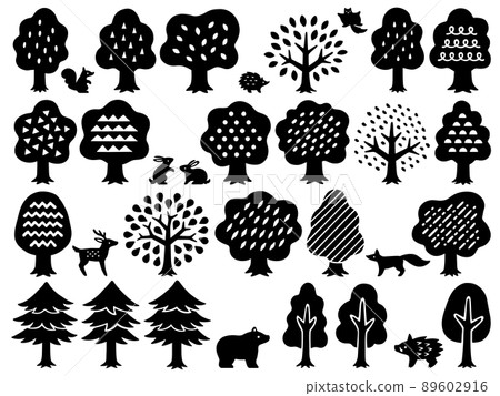 Various handwritten style tree and animal silhouette sets 89602916