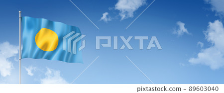 Palau flag isolated on a blue sky. Horizontal banner 89603040