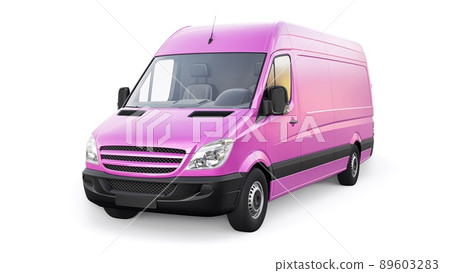 Pink mid-size commercial van on a white background. A blank body for applying your design, inscriptions and logos. 3d illustration. Pink mid-size commercial van on a white background. A blank body for applying your design, inscriptions and logos. 3d illustration. 89603283