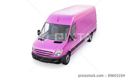 Pink mid-size commercial van on a white background. A blank body for applying your design, inscriptions and logos. 3d illustration. Pink mid-size commercial van on a white background. A blank body for applying your design, inscriptions and logos. 3d illustration. 89603284
