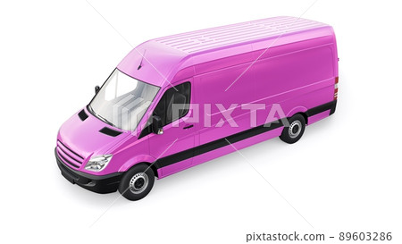 Pink mid-size commercial van on a white background. A blank body for applying your design, inscriptions and logos. 3d illustration. Pink mid-size commercial van on a white background. A blank body for applying your design, inscriptions and logos. 3d illustration. 89603286