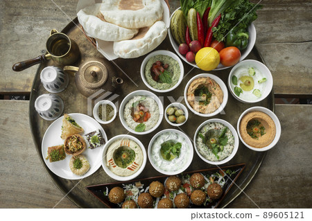 mixed middle eastern meze sharing food platter in turkish restaurant mixed middle eastern meze sharing food platter in turkish restaurant 89605121