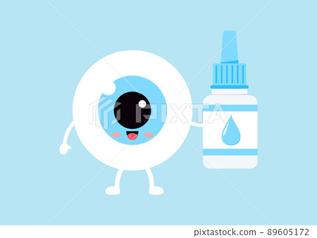 Cute eyeball with eye drop liquid bottle isolated on background. Cute eyeball with eye drop liquid bottle isolated on background. 89605172