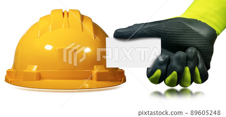 Orange Work Helmet and Gloved hand holding a Blank Business Card Orange Work Helmet and Gloved hand holding a Blank Business Card 89605248