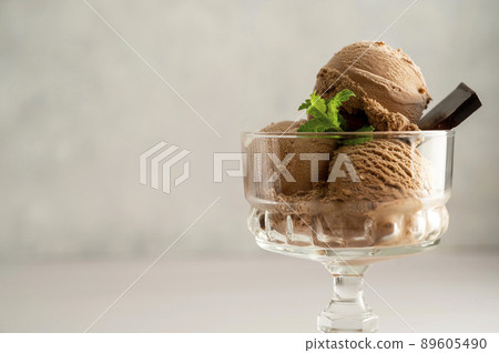 Chocolate vegan ice-cream scoops in glass sundae bowls dessert for summer time. Copy space. Chocolate vegan ice-cream scoops in glass sundae bowls dessert for summer time. Copy space. 89605490