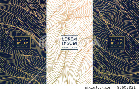 Set of vector collection design elements: labels, frames, wedding invitations, social net stories, packaging, luxury products, perfume, soap, wine, lotion. Wavy line golden backgrounds, patterns. Set of vector collection design elements: labels, frames, wedding invitations, social net stories, packaging, luxury products, perfume, soap, wine, lotion. Wavy line golden backgrounds, patterns. 89605821