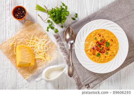 corn chowder in bowl on table, top view corn chowder in bowl on table, top view 89606293