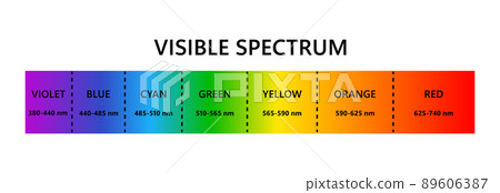 Visible light spectrum. Optical light wavelength. Electromagnetic visible color spectrum for human eye. Vector gradient diagram with wavelength and color. Educational illustration on white background 89606387