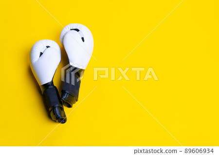 Blue isolated yellow kettlebell space ackground fitness object health, from equipment sport for steel from athletic fist, glove strength. Knock fighter boxer, 89606934