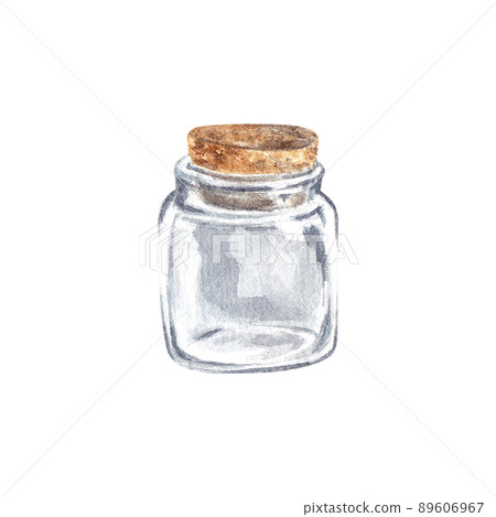 A glass jar with a lid on a white background. Watercolor empty glass jar. Transparent jar for Provencal herbs: basil, cumin, rosemary, marjoram. The illustration is suitable for design. A glass jar with a lid on a white background. Watercolor empty glass jar. Transparent jar for Provencal herbs: basil, cumin, rosemary, marjoram. The illustration is suitable for design. 89606967