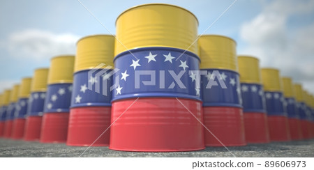 Barrels or oil drums with flag of Venezuela. Petroleum or chemical industry related 3D rendering 89606973