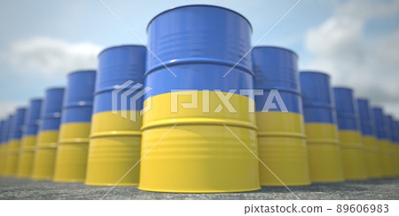 Many barrels with flag of Ukraine. Oil or chemical industry supply related 3D rendering Many barrels with flag of Ukraine. Oil or chemical industry supply related 3D rendering 89606983