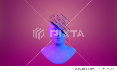 3d digital abstract human face on a dark background. Futuristic face cut into colored slices. Metaverse, artificial intelligence Ai concept. 89607082