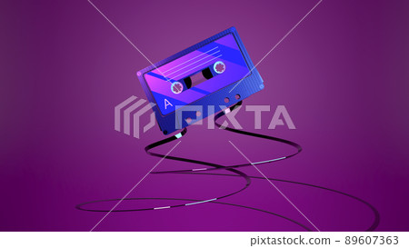 3d audio cassette with tape. Vintage audio cassette with retro music from the 80s and 90s on a neon colored background. Music, entertainment concept. 89607363