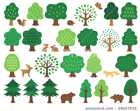 Illustration set of various green trees and animals in a handwritten style 89607636