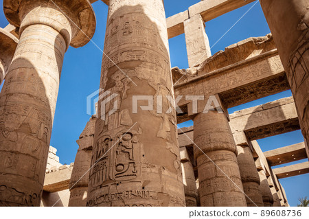 Different columns with hieroglyphs in Karnak temple. Karnak temple is the largest complex in ancient Egypt. 89608736