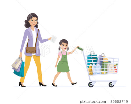 Mother and daughter on shopping. Girl drives a full grocery cart Mother and daughter on shopping. Girl drives a full grocery cart 89608749