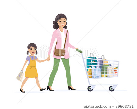 Mother and daughter on shopping with a full grocery cart 89608751