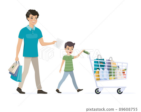 Father and son on shopping. Child drives a full grocery cart Father and son on shopping. Child drives a full grocery cart 89608755