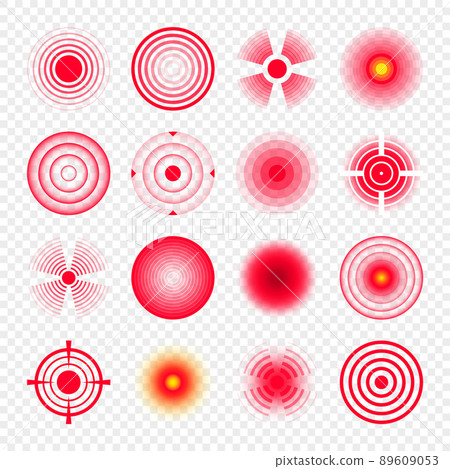 Pain localization marks. Painful area, aching spot. Red circles, targets. Headache, bruised body part marker. Back, neck, muscle pain symbol. Healthcare ad, medical information. Vector illustration. Pain localization marks. Painful area, aching spot. Red circles, targets. Headache, bruised body part marker. Back, neck, muscle pain symbol. Healthcare ad, medical information. Vector illustration. 89609053