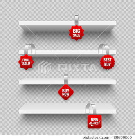 Realistic vector store shelves, supermarket promotional wobblers. Product shelf with advertising wobbler. Grocery wall rack. Sale or discount price tag. 89609060