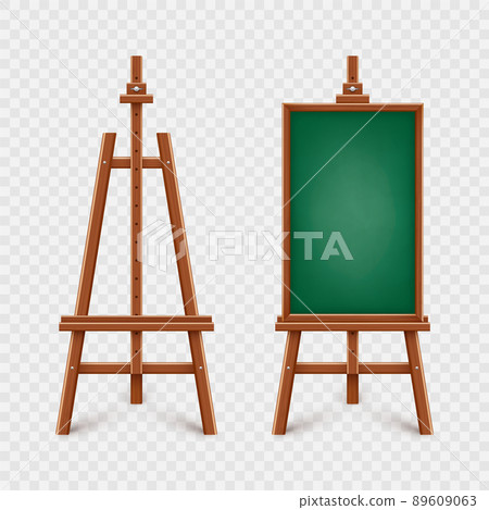 Realistic green chalkboard on wooden easel. Blank blackboard in wooden frame on a tripod. Presentation board, writing surface for text, drawing. Online studying, learning mockup. Vector illustration Realistic green chalkboard on wooden easel. Blank blackboard in wooden frame on a tripod. Presentation board, writing surface for text, drawing. Online studying, learning mockup. Vector illustration 89609063