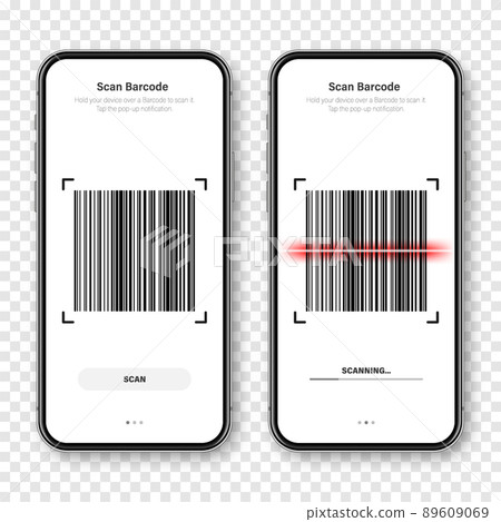 Barcode scanner, reader app for smartphone. Identification tracking code. Serial number, product ID with digital information. Store, supermarket scan labels, price tag. Vector illustration. Barcode scanner, reader app for smartphone. Identification tracking code. Serial number, product ID with digital information. Store, supermarket scan labels, price tag. Vector illustration. 89609069
