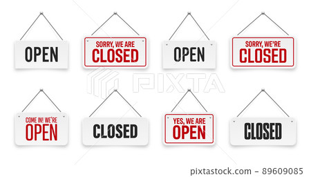 Realistic open or closed hanging signboards. Vintage door sign for cafe, restaurant, bar or retail store. Announcement banner, information signage for business or service. Vector illustration 89609085