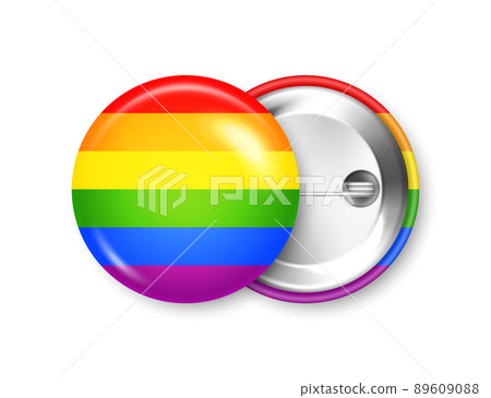 Realistic colorful badge with LGBTQ rainbow flag. Lesbian, gay, bisexual, transgender love symbol, pride month. 3D glossy round button. Pin badge mockup. Vector illustration Realistic colorful badge with LGBTQ rainbow flag. Lesbian, gay, bisexual, transgender love symbol, pride month. 3D glossy round button. Pin badge mockup. Vector illustration 89609088