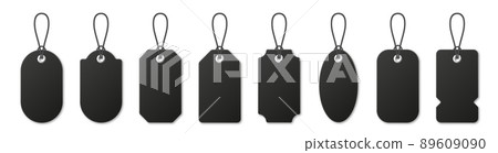 Realistic black price tags collection. Special offer or shopping discount label. Retail paper sticker. Promotional sale badge. Vector illustration. 89609090