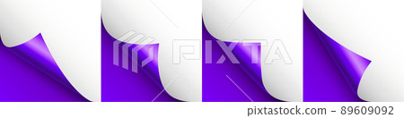 Set of violet paper curls. Curled page corner with shadow. Blank sheet of paper. Colorful shiny foil. Design element for advertising and promotion. Vector illustration. Set of violet paper curls. Curled page corner with shadow. Blank sheet of paper. Colorful shiny foil. Design element for advertising and promotion. Vector illustration. 89609092