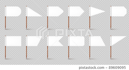 Realistic various toothpick flags. Wooden toothpicks with white paper flag. Location mark, map pointer. Blank mockup for advertising and promotions. Vector illustration 89609095