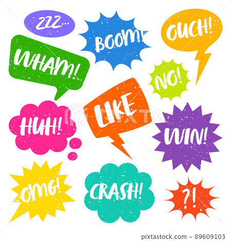 Colorful grunge comic speech bubbles with handwritten text. Hand drawn retro cartoon stickers. Chatting, message box. Vector illustration 89609103