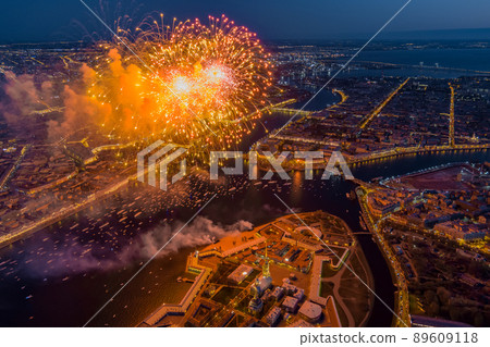 Festive salute over the Peter and Paul Fortress in a significant Victory Day for the country on May 9, improbable quantity of ships observes a show, an eternal flame of memory burns on rostral colons 89609118