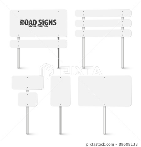 Various road, traffic signs. Highway signboard on a chrome metal pole. Blank white board with place for text. Directional signage and wayfinder. Information sign mockup. Vector illustration 89609138