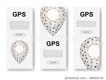 Set of three Location pins polygonal vertical banners. 3d Gps low poly symbols with connected dots. Vertical illustration for homepage design. 89609145