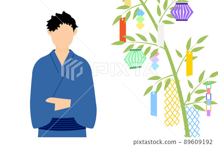 七夕的形象，一個男人穿著浴衣，看著七夕的竹草 89609192