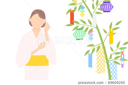 七夕的形象,看著七夕的竹草,穿著女人的浴衣 七夕的形象,看著七夕的竹草,穿著女人的浴衣 89609260