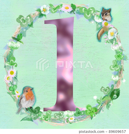 Illustration of number 1 and four-leaf clover and white clover watercolor-style flower wreath and comad and chipmunk 89609657